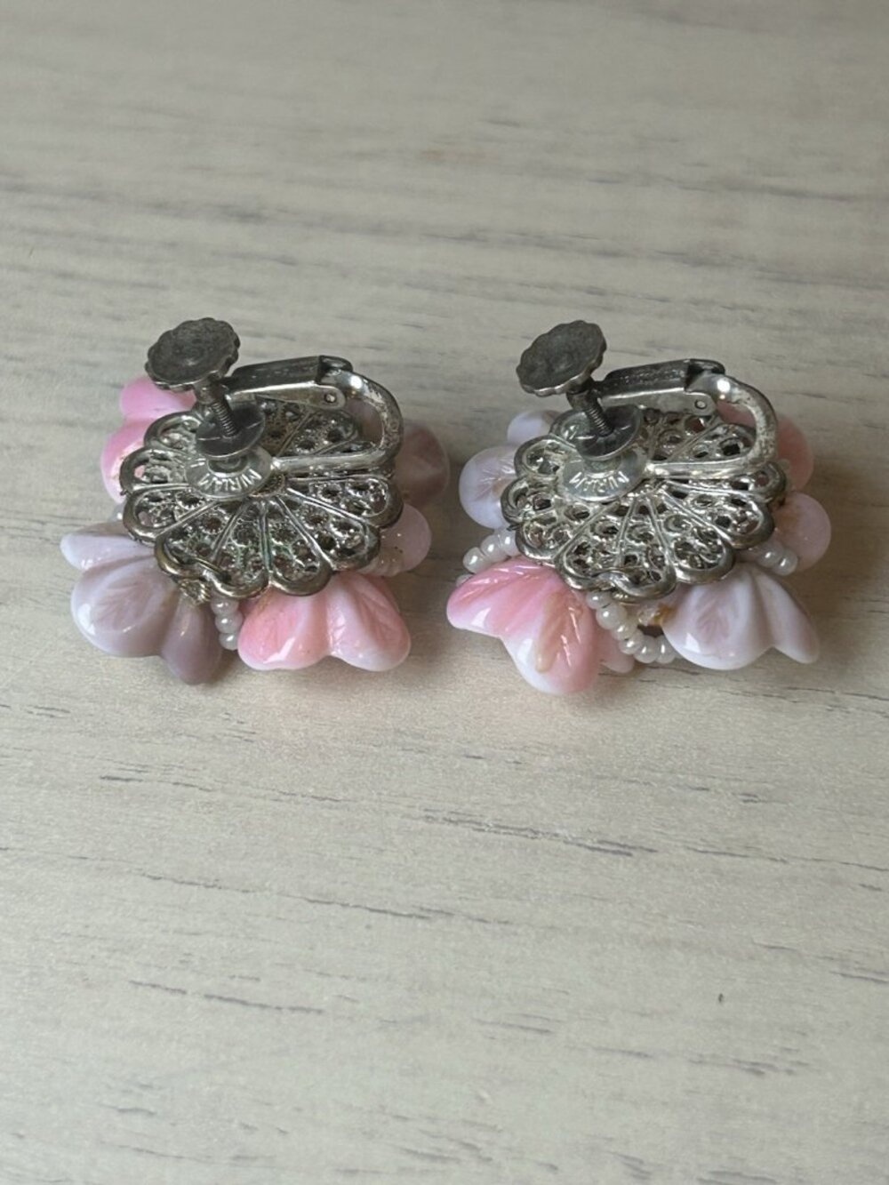 miriam haskell earrings pink Purple flower shell Clip on Vintage Flowers Floral - Picture 8 of 10